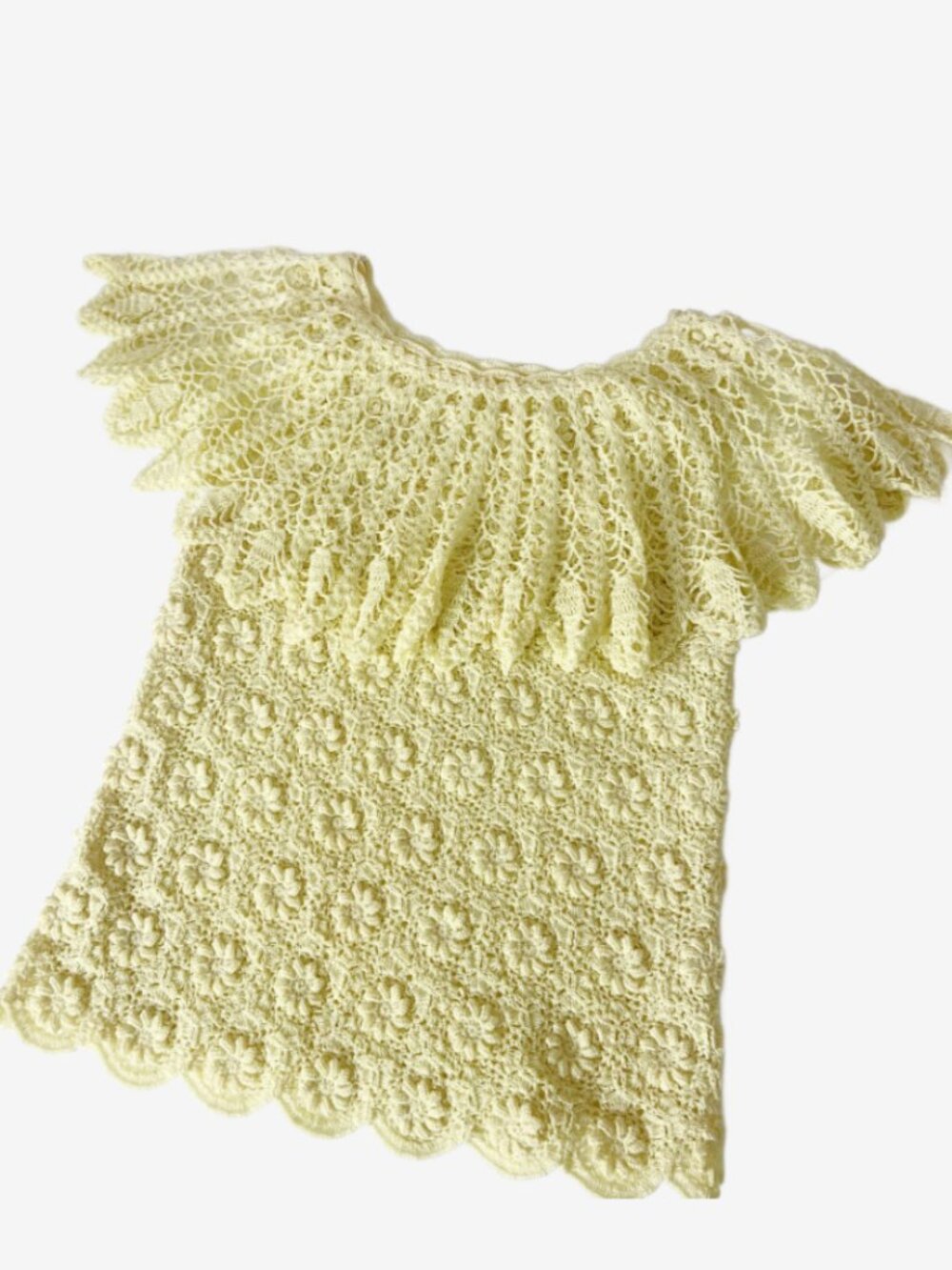 Vintage Yellow Crochet Top with Ruffle Collar / size Small